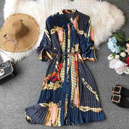 Spring Chiffon Dress Long Sleeve Loose Print Pleated Dress Women Fashion Stand Single-breasted Plus Size Mini Dresses 210521