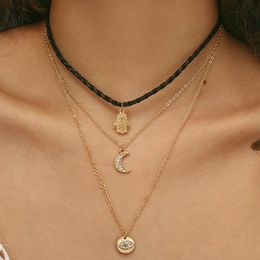 -Fatima Halsketten Anhänger für Frauen Strass Mond Gold Kragen Legierung Lederketten Prom Party Chokers Halskette Geschenk