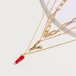 -Collares colgantes DIY DIY Aleación de aleación de letras Collar de cadena larga Natural Red Coral Branch Lady 2-Multi-capa Joyería para regalo
