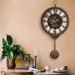 Home Living Room Decor Vintage Wall Clock Pendulum Wall Watch Antique Ornament Gear Pattern Metal Mute Quartz Bedroom Decoation H1230