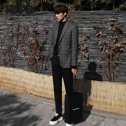 IEFB Men's Single Breasted Plaid Suit Coat Korean Fashion Casual Handsome Notched Long Sleeve Vintage Blazers Back Split 9Y5305 210524
