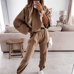 Tracksuits Women's Fleece Hoodies Two Piece Set Spring Autumn Lace Up Sweatshirts Pants Sets Female Casual Sports Suits 211126