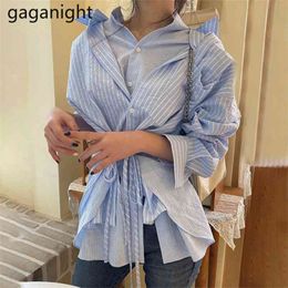 Spring Solid Blue Striped Shirt Casual Women Button Irregular Lace Up Long Sleeve Blouse Tops Female Lapel Blusas 210601