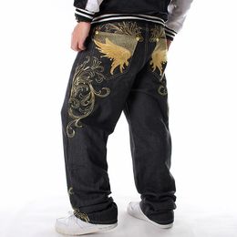 European American Man hip-hop men's trend HIPHOP Embroidery casual loose plus fat size skateboard pants Nightclub trousers Streetwear cotton Zipper Wing Denim