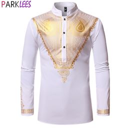 Luxury Metallic Gold Print African Shirt Men Brand Nehru Collar Africa Wedding Mens Dress Shirts Traditional Dashiki Clothing 210522