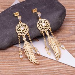 Luxury Elegant Feather Zircon Drop Charm Bride Wedding Party Women Fashion Gold Color Tassel Long Dangle Earrings Gift