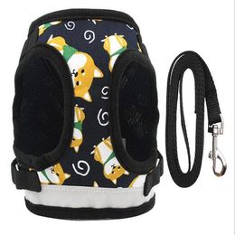 Cartoon Dog Supplies Print Reflect Light Waistcoat Harnesses Leashes Set Walk The Dogs Collars Vest Clothing