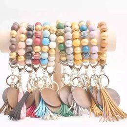 Bracelet keychain wood beaded tassels keychain party Favour Personalised disc oranament souvenir wristlet key ring women wrist WHT0228