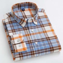 Mens Plaid Oxford Shirt Pure Cotton Luxury Quality Soft Casual Button Down Dress Pocket Striped Checked Slim Fit Male Clothes5XL 210609