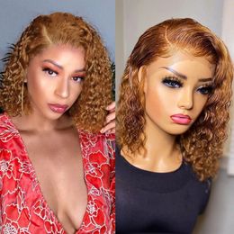 #27 Colour Short Curly Bob Wig Lace Front Human Hair for Women Brazilian Honey Blonde Kinky Curl Synthetic Closure Frontal Wigs