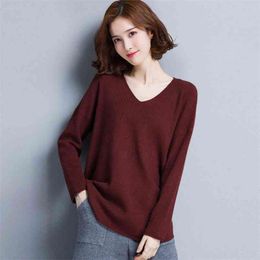 Long-sleeved Pullover Loose Sweater Women Were Thin V-neck Elegant Fashion Solid Color Rib Knit Female Spring 210427