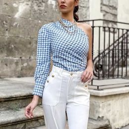 Women Stylish One Shoulder Blue Plaid Shirts Summer Fashion Ladies Vintage Slim Button Tops Y2K Girls Chic Shirt Cute 210527