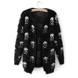 Short Women Autumn Sweater Mohair Skulls Printing Female Outwear Cardigans Soft Cool Knitted Womens 210914