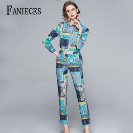 Spring Autumn Fashion Office Lady Runway Pants Suit Sets Women's Long Sleeve Print Blouses and Casual Two Pieces Set 210520