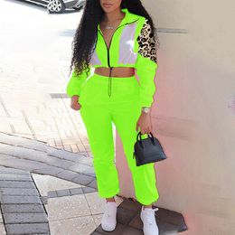 Leopard Patchwork Oversize Sportswear Two Piece Set Women Zipper Crop Tops And Pants Suit Fashion New Neon Color Overalls Outfit Y0625