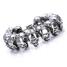 Large Heavy Mens Stainless Steel Skull Link Bracelet Biker Gothic Silver Colour High Polished 8.5 Inches