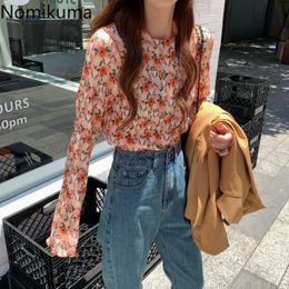Nomikuma Vintage Floral Printed T Shirts Women O Neck Long Sleeve Tshirts Korean Crop Tops Fashion Tees High Street 3c556 210514