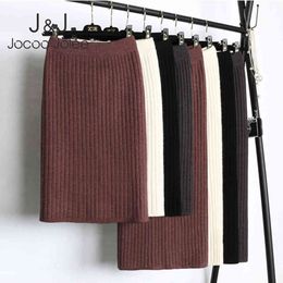 Jocoo Jolee Elastic Band Women Skirts Autumn Winter Warm Knitted Straight Skirt Ribbed Mid-Long Skirt Black Bodycon Split Skirt 210518