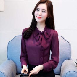 bow neck women's clothing spring long-sleeved chiffon women blouse shirt solid purple formal women tops blusas 210527