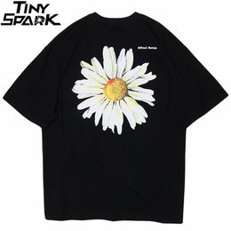 Men Hip Hop T Shirt Streetwear Chrysanthemum Daisy T-Shirt Summer Harajuku Tshirt Cotton Short Sleeve Black Tops Tee Flower 210324