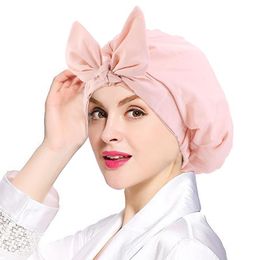 women waterproof elastic adjustable shower cap with tie solid Colour hair bonnet long hair care bathroom showercap headcove