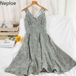 Neploe Summer Chiffon Vestidos Mujer Floral Backless Sexy Women Dresses Vintage V-Neck Sleeveless Slim Korean Sweet Dress 210422