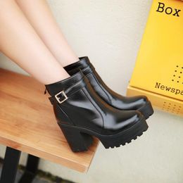 Boots Plus Size Europeans And Americans With Round Head, Thick Heel, Side Zipper, Belt Buckle Waterproof Platform