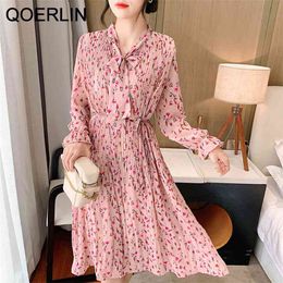 Floral Stand Collar Bownnot Loose Pleated Mid-length Chiffon Dress with Liner Chic Street Elastic Waist Basic Plus 210601