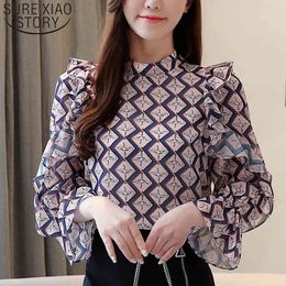 Ladies Tops Women's and Blouses Chiffon Blouse for Women Ruffles Print Stand Flare Sleeve Korean Blusas 8504 50 210508