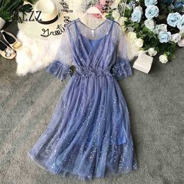 Women Bling Tulle Dress Fashion Summer V Neck Half Sleeve Sweet Mesh Dresses Elegant Ladies Vintage Nail Bead Lace Long Robe 210525