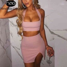 Asia Two Piece Set Women Pink Halter Sleeveless Crop Top Split Bodycon Skirt and Top Set Party Wear Sexy Club Outfits 210730