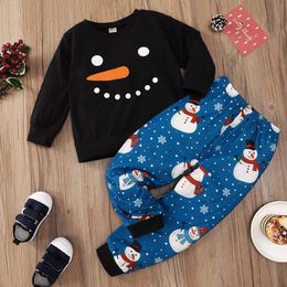 Xmas Baby Girls Clothes Sets Spring Autumn Fashion Christmas Girl Outfits Black Long Sleeve Snowman Snowflake Printed Middle Child Suit Kids Clothing