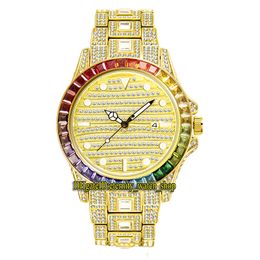 MISSFOX eternity V307 Hip hop Fashion Mens Watches CZ Diamond inlay Dial Quartz Movement Men Watch Iced Out Rainbow color Big Diamonds Bezel Alloy Case Gold Bracelet