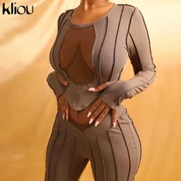 Kliou Hollow Out Mesh Solid Two Piece Outfit Autumn Long Sleeve Crop Top And Pants Matching Sets Female Casual Streetwear 210930