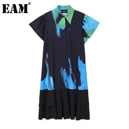 [EAM] Women Black Pattern Printed Big Size Ruffles Dress Lapel Short Sleeve Loose Fit Fashion Spring Summer 1DD5939 210512