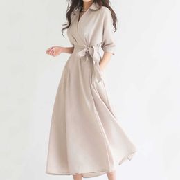 Elegant Dres Solid Turn Down Collar Korean Female Clothes Summer Office Lady Work es 210604