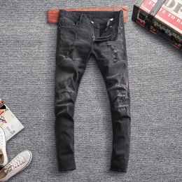 Men's Jeans American Streetwear 2021 Men High Quality Black Color Destroyed Ripped Denim Trousers Elastic Slim Fit Hip Hop Pants