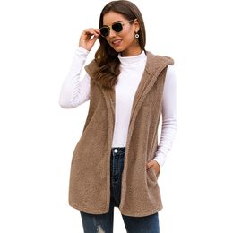 Women fleece vest coat Casual women hooded warm jacket solid soft Spring sleeveless waistcoat 210524