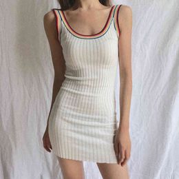 Dresses Summer Sexy Skinny Wrap Hip Sleeveless Square Neck Spaghetti Strap Knitted Dress Women Mini Rainbow Stripes Vestido 210429