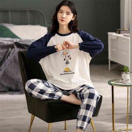 Pure Cotton Pajama's Autumn Winter Long-sleeved 2 Piece Set Loose and Can Be Worn Outside Cute Plus Size Home Suit 210809