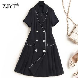 High Quality Designers Elegant Summer Office Lady Short Sleeve Beading Double Breasted Blazer Dress Women Clothes 210601