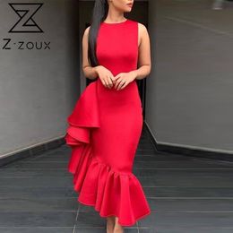 Women Dress Ruffles Irregular Sleeveless Vintage Dresses Asymmetry Plus Size Long Red Clothes Fashion 210524