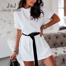 Jocoo Jolee Casual T Shirt Dress with Belt Solid Short Sleeve O Neck Loose Mini Dress Soft Cotton Sports Dress Ladies Streetwear 210518