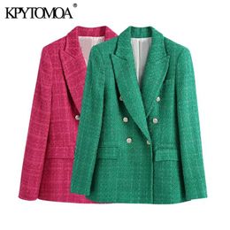 KPYTOMOA Women Fashion Double Breasted Tweed Green Blazer Coat Vintage Long Sleeve Flap Pockets Female Outerwear Chic Veste 210930