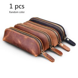 Pencil Bags Handmade Genuine Leather Bag Vintage Retro Style Cowhide Zipper Pen Case School Office StationeryDropship