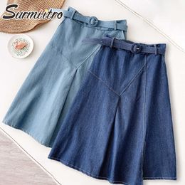 SURMIITRO Spring Summer Women Korean Style Blue High Waist Sun School Knee Length Midi Female Denim Slit Skirt With Belt 210712