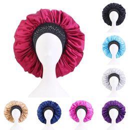 Large Shiny Rhinestone Night Sleep Hats Women Satin Wide Elastic Band Hair Care Cap Fashion Pure Colour Beauty Bonnet