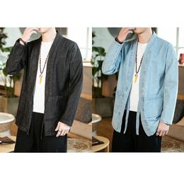 Ethnic Clothing Chinese Style Traditional Tang Suit Autumn 2021 Men's Denim Jacket Streetwear Cardigan Fashion Hanfu