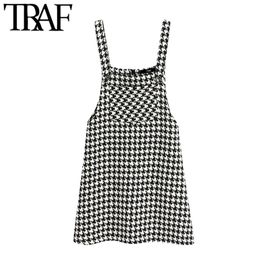 Women Fashion Houndstooth Tweed Pinafore Dress Vintage Sleeveless Pockets Straps Female Dresses Vestidos Mujer 210507