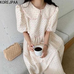 Korejpaa Women Dress Summer Korean Chic Girls Gentle Sweet Doll Collar Full Screen Floral Design Waist Puff Sleeve Vestidos 210526